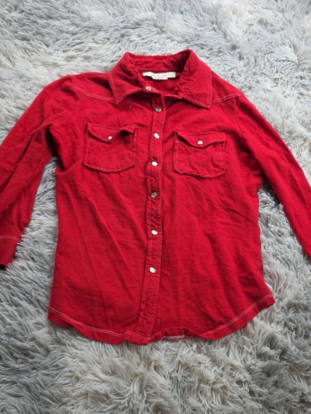 Free People Red Button-Front Long Sleeve Shirt